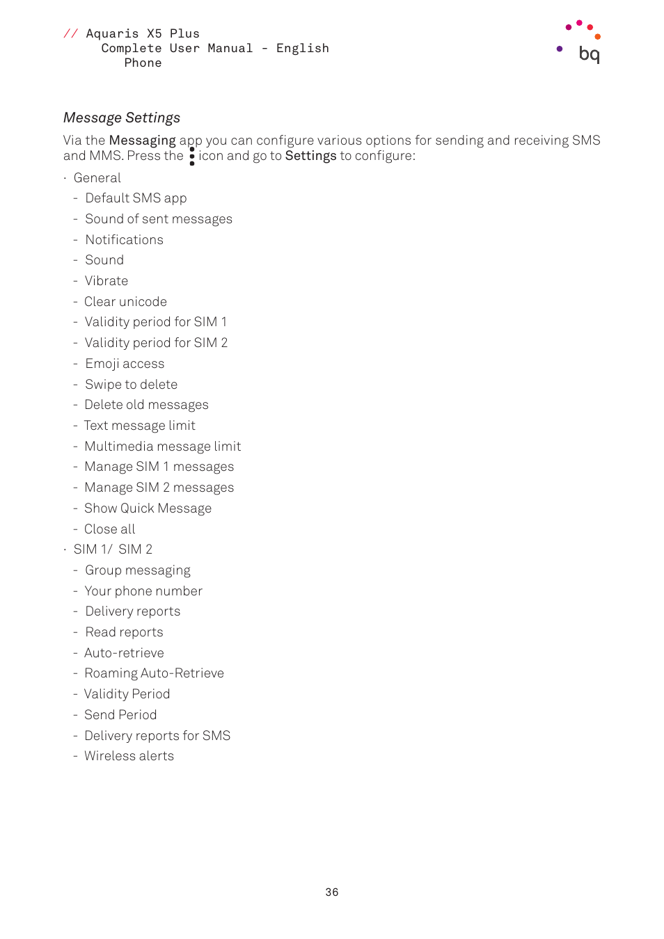 Message settings | BQ Aquaris X5 Plus User Manual | Page 36 / 87