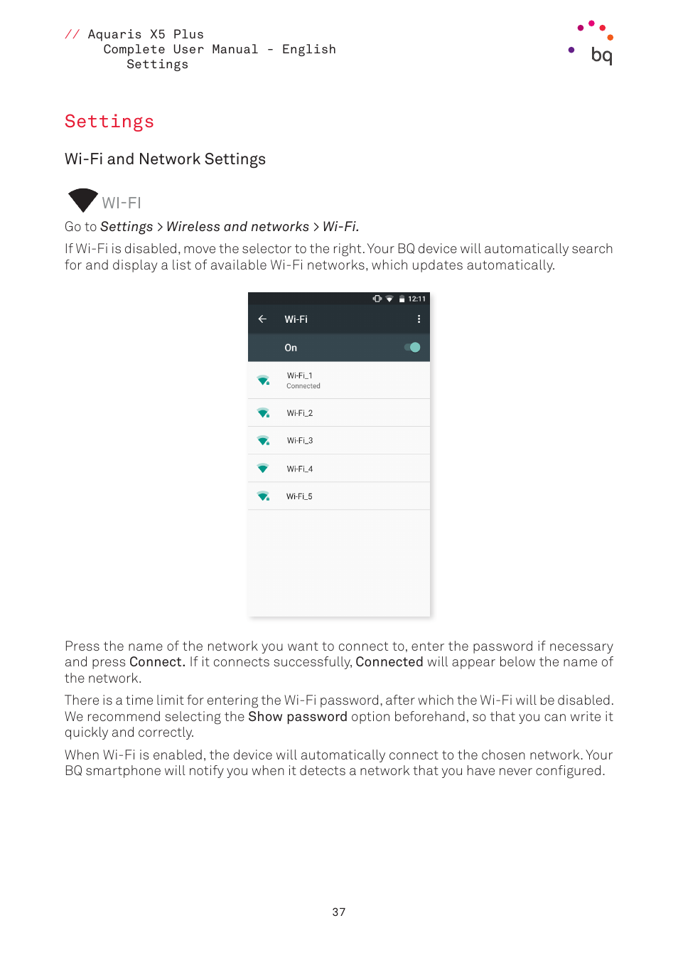 Settings, Wi-fi and network settings, Wi-fi | 37 settings, 37 wi-fi | BQ Aquaris X5 Plus User Manual | Page 37 / 87