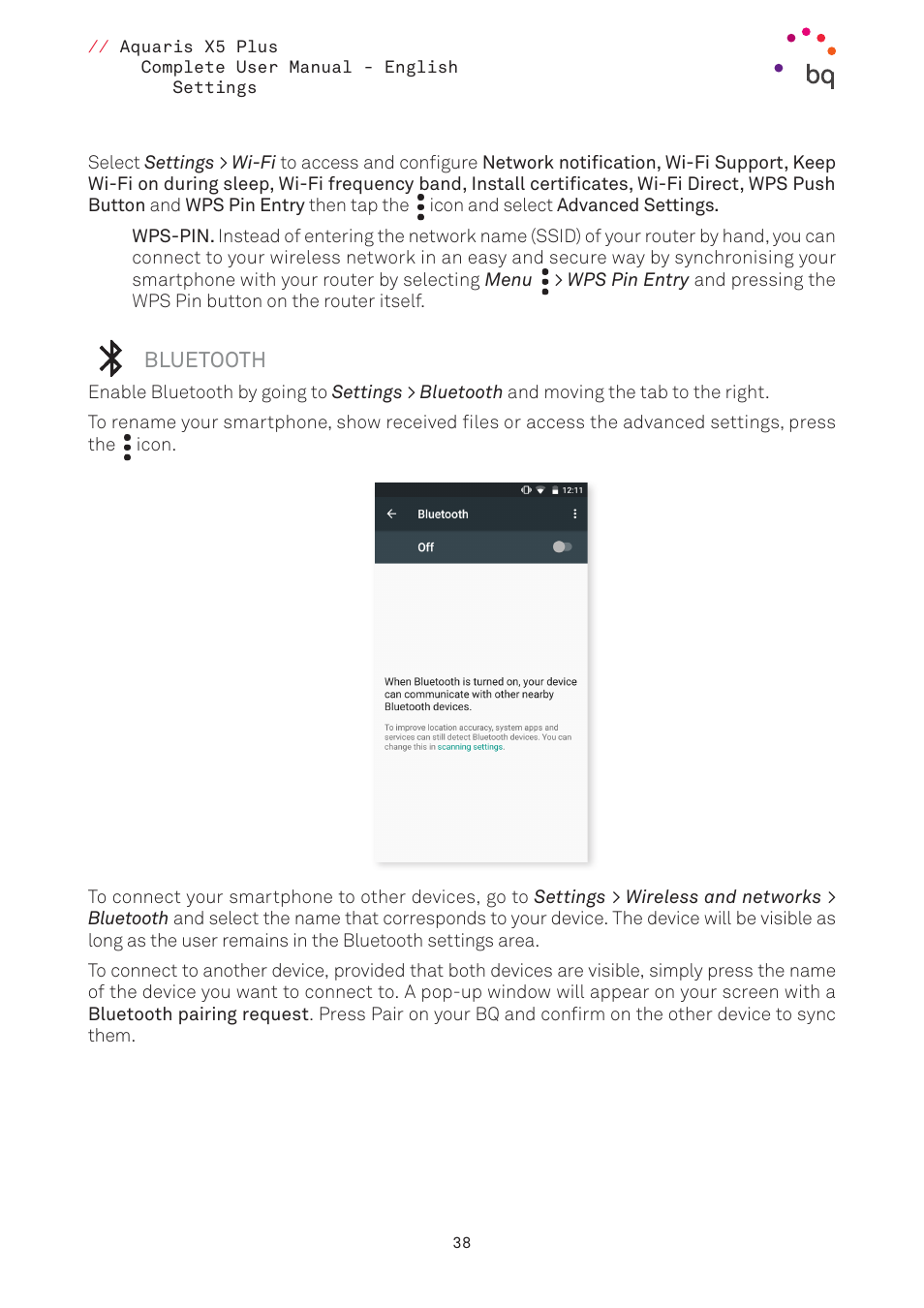 Bluetooth, 38 bluetooth | BQ Aquaris X5 Plus User Manual | Page 38 / 87