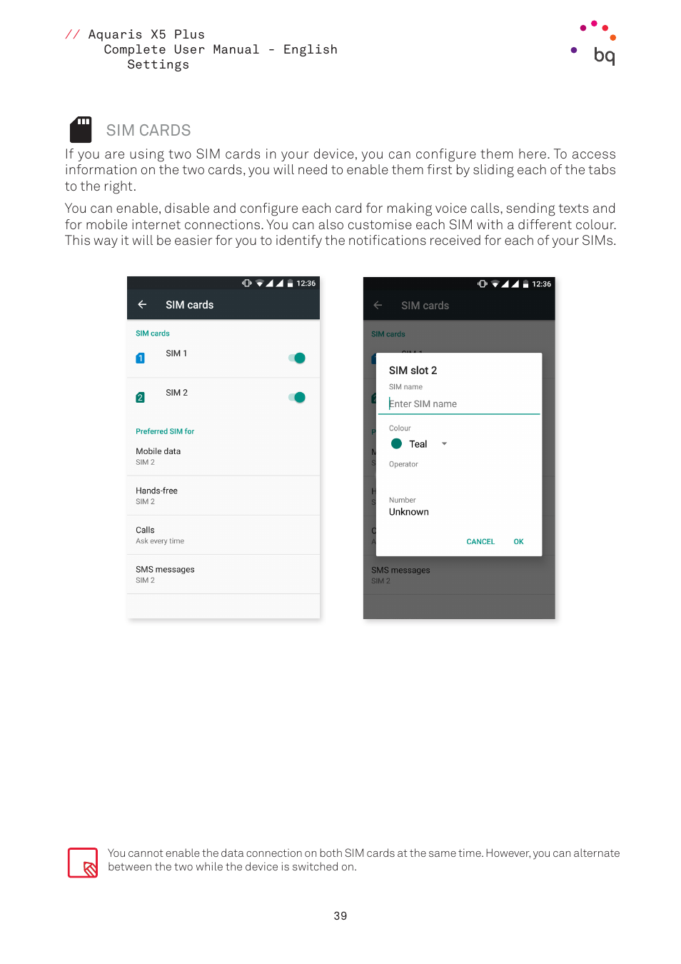 Sim cards | BQ Aquaris X5 Plus User Manual | Page 39 / 87
