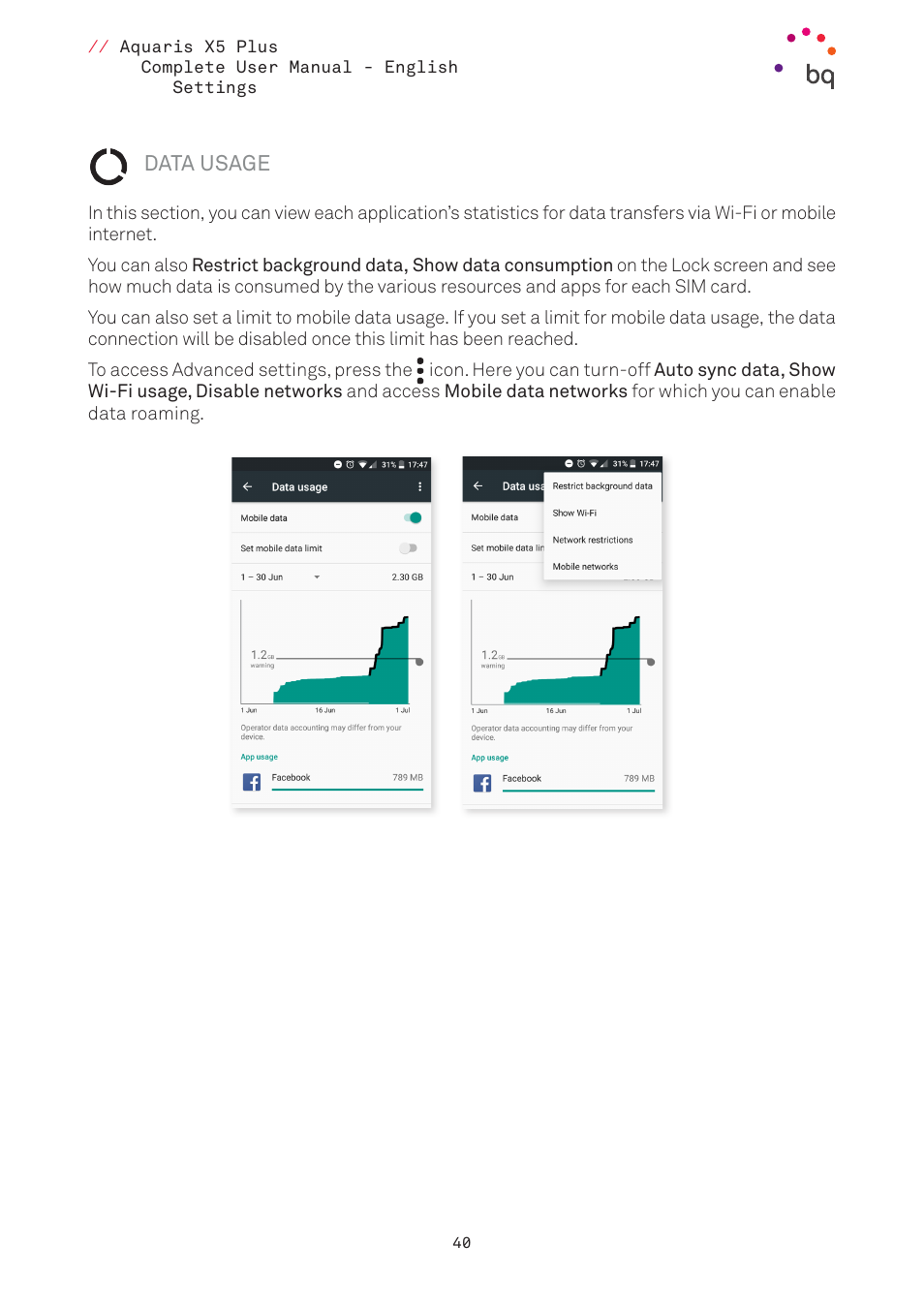 Data usage | BQ Aquaris X5 Plus User Manual | Page 40 / 87