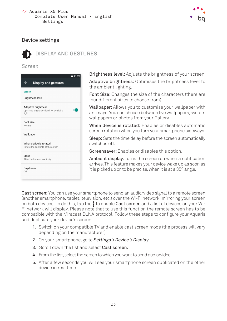 Device settings, Display and gestures, Screen | 42 screen | BQ Aquaris X5 Plus User Manual | Page 42 / 87
