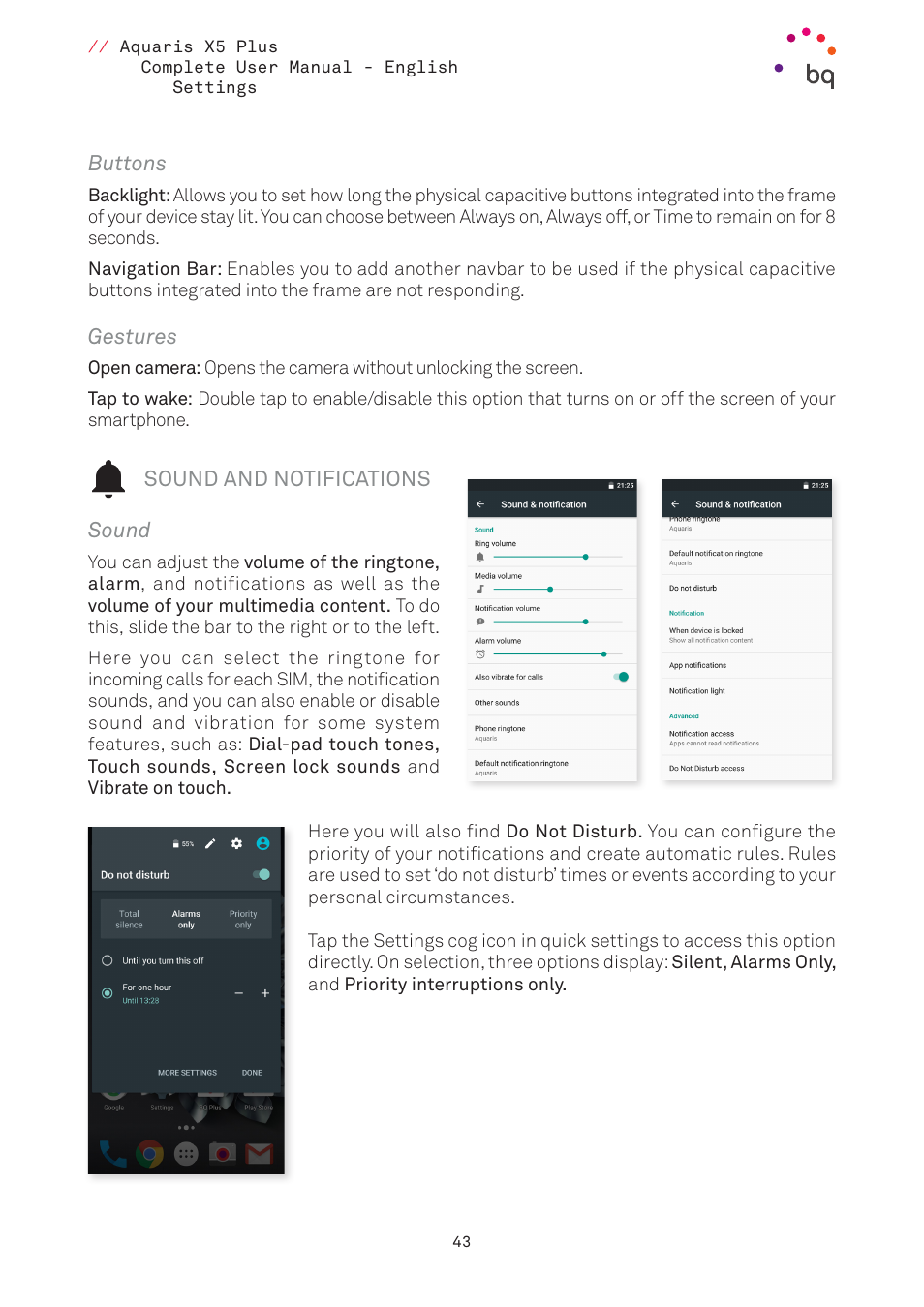 Buttons, Gestures, Sound and notifications | Sound, Sounds and notifications | BQ Aquaris X5 Plus User Manual | Page 43 / 87