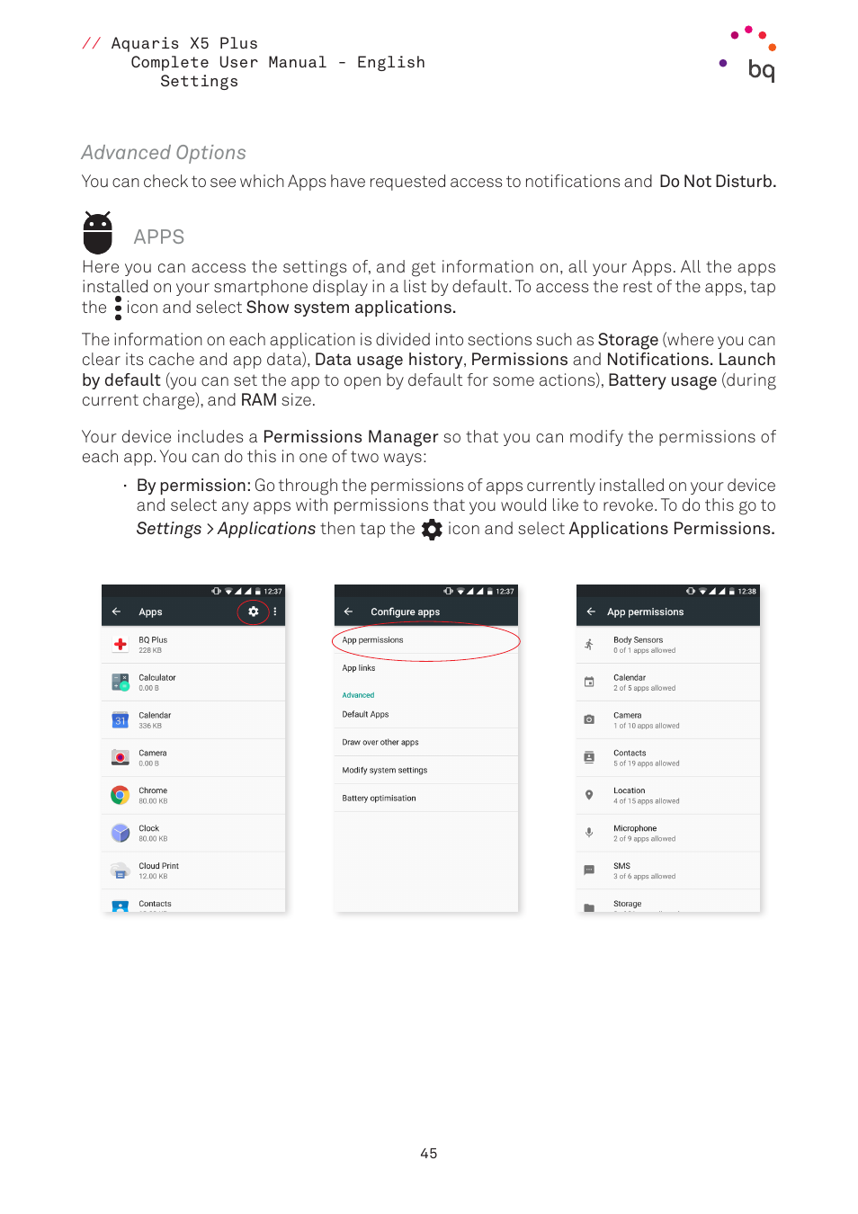 Advanced options, Apps, 45 apps | BQ Aquaris X5 Plus User Manual | Page 45 / 87