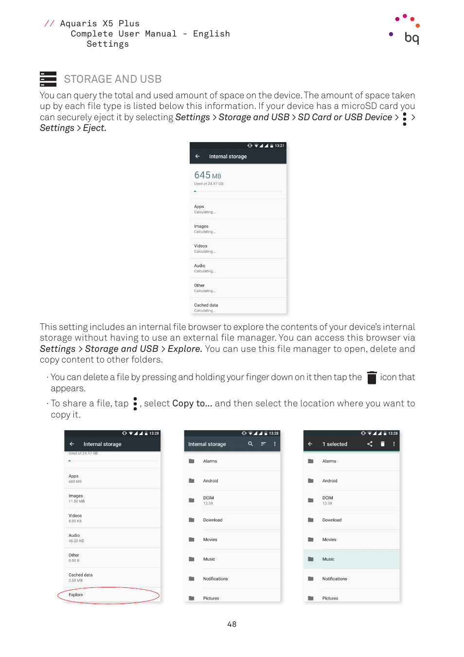 Storage and usb | BQ Aquaris X5 Plus User Manual | Page 48 / 87