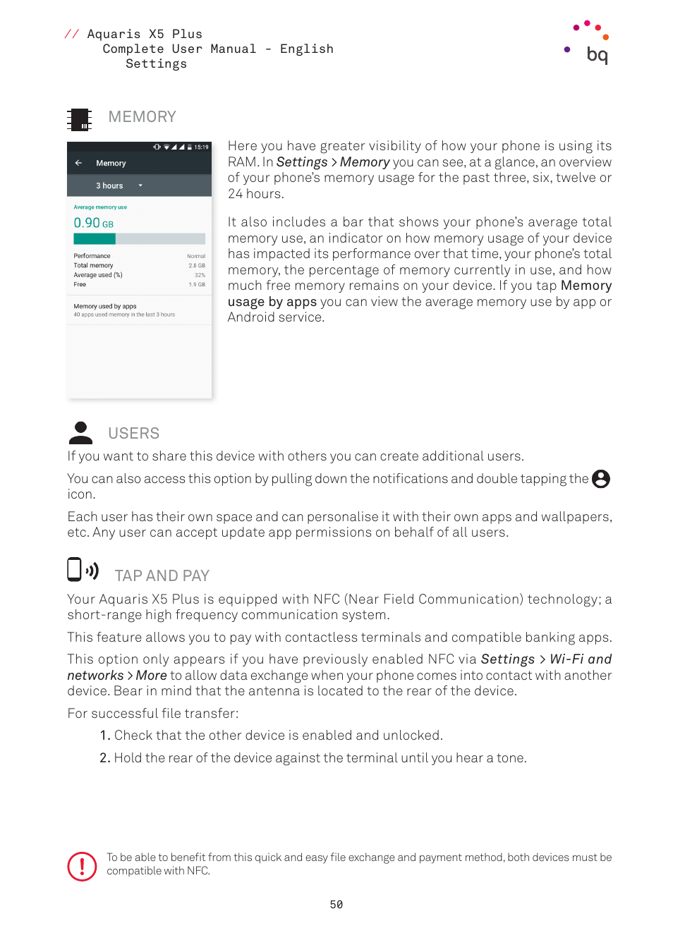 Memory, Users, Tap and pay | 50 memory, 50 users, Ttings and the, Multi-user option | BQ Aquaris X5 Plus User Manual | Page 50 / 87
