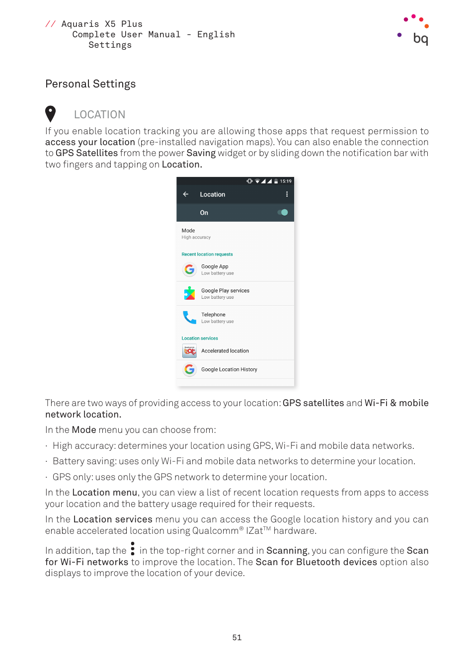 Personal settings, Location, 51 location | Personal settings location | BQ Aquaris X5 Plus User Manual | Page 51 / 87