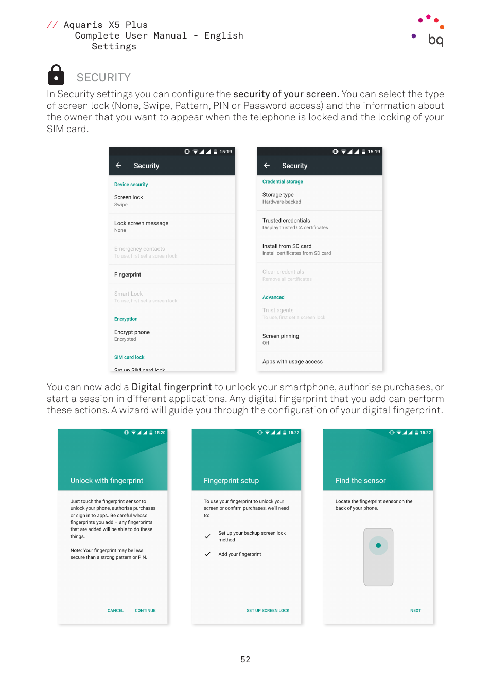 Security, 52 security | BQ Aquaris X5 Plus User Manual | Page 52 / 87