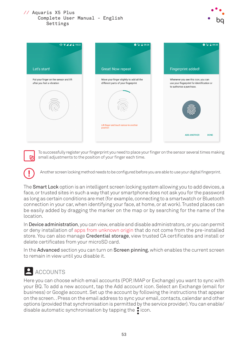 Accounts, 53 accounts | BQ Aquaris X5 Plus User Manual | Page 53 / 87