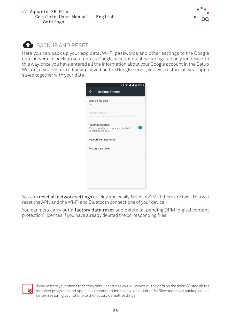 Backup and reset | BQ Aquaris X5 Plus User Manual | Page 56 / 87
