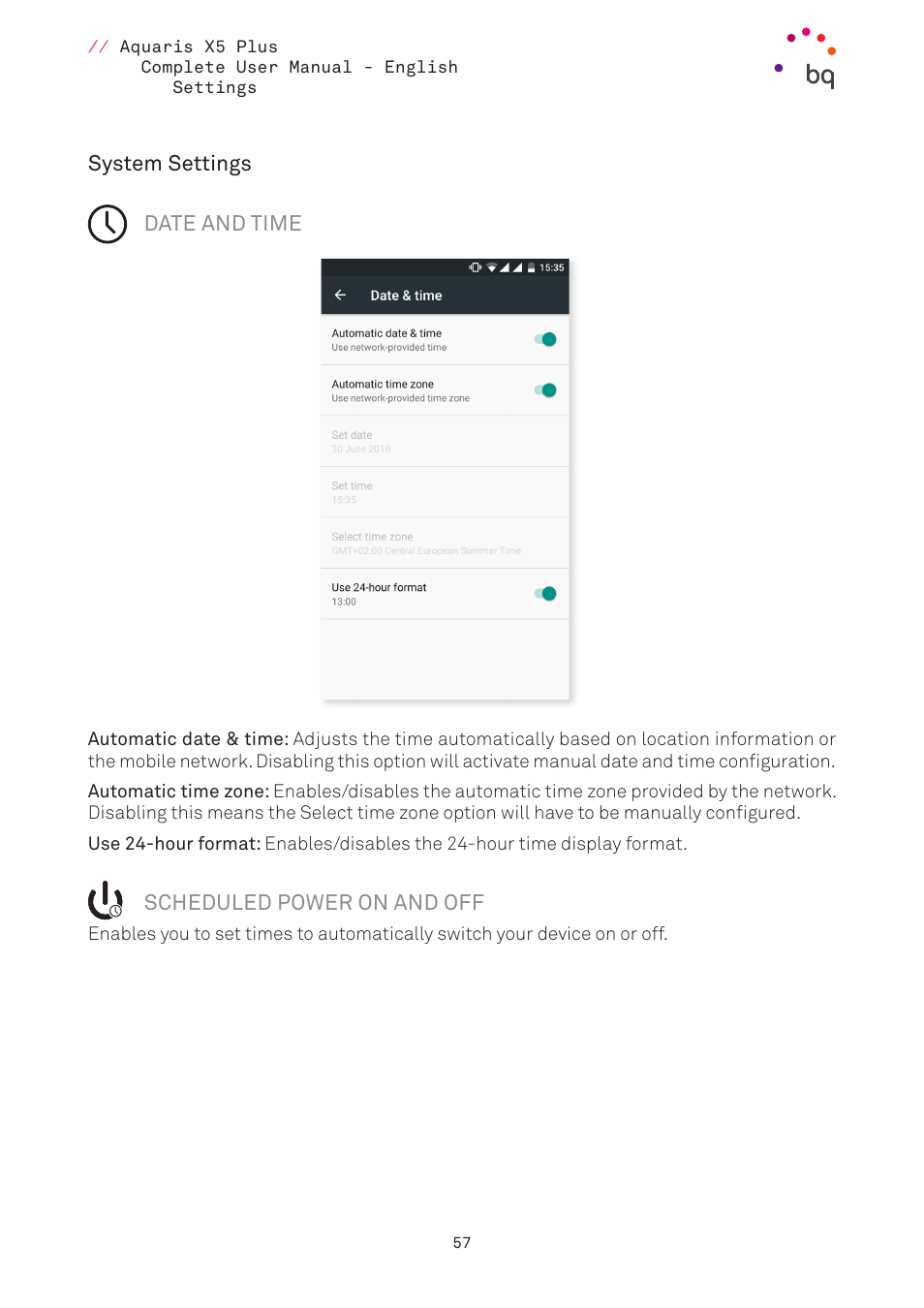System settings, Date and time, Scheduled power on and off | BQ Aquaris X5 Plus User Manual | Page 57 / 87