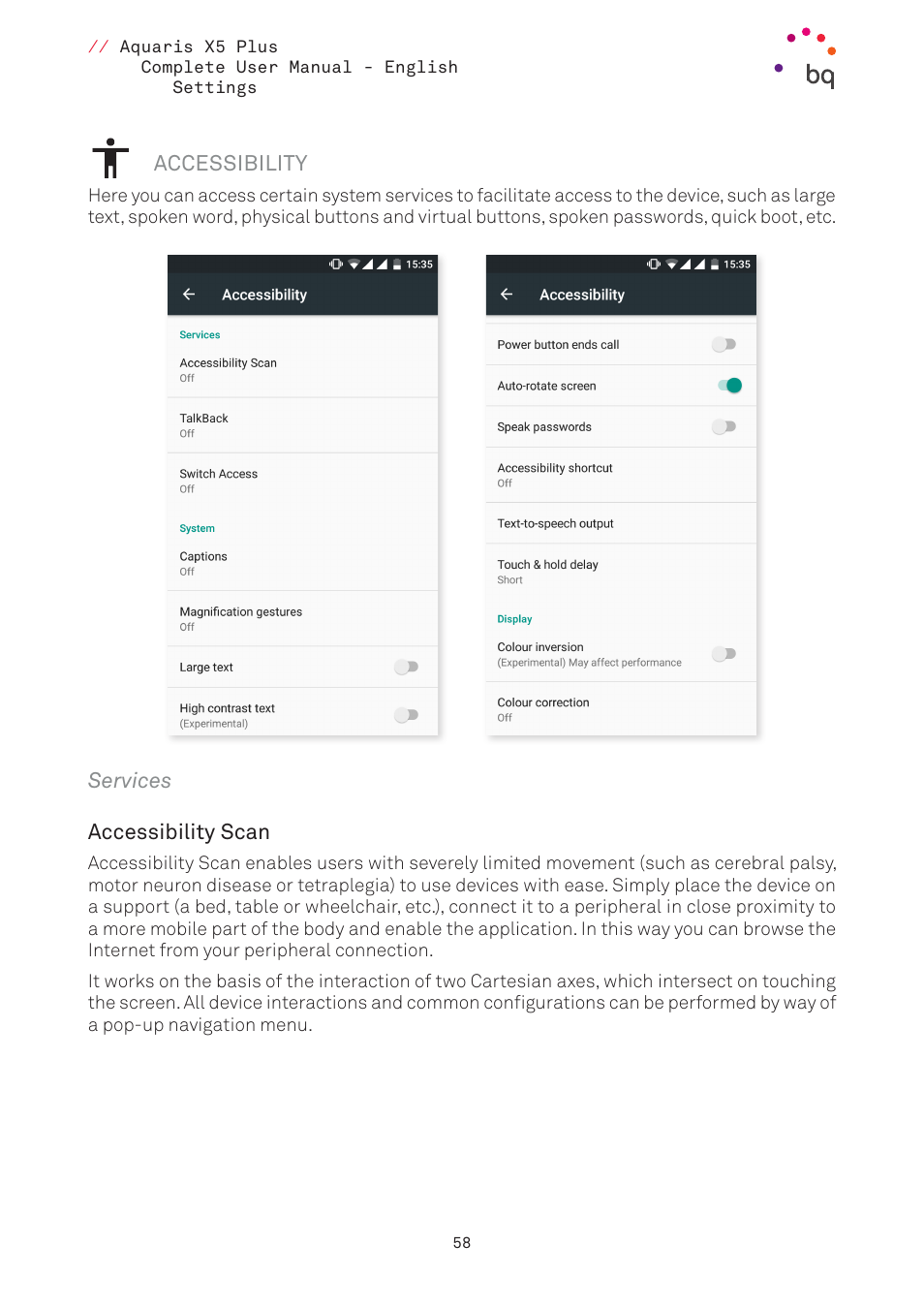 Accessibility, Services, 58 accessibility | BQ Aquaris X5 Plus User Manual | Page 58 / 87