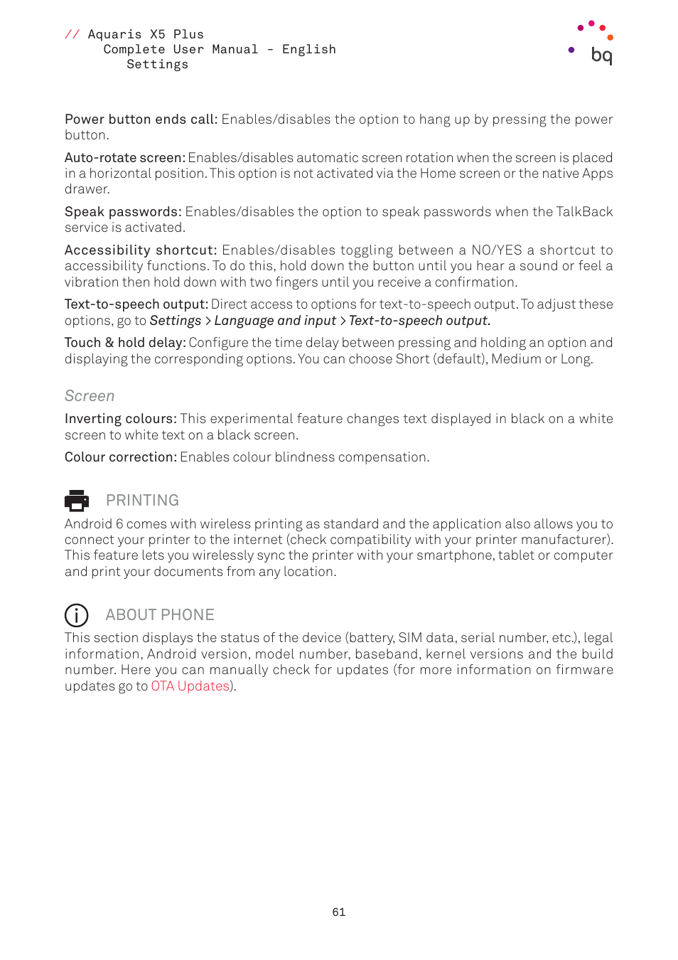 Screen, Printing, About phone | 61 printing | BQ Aquaris X5 Plus User Manual | Page 61 / 87