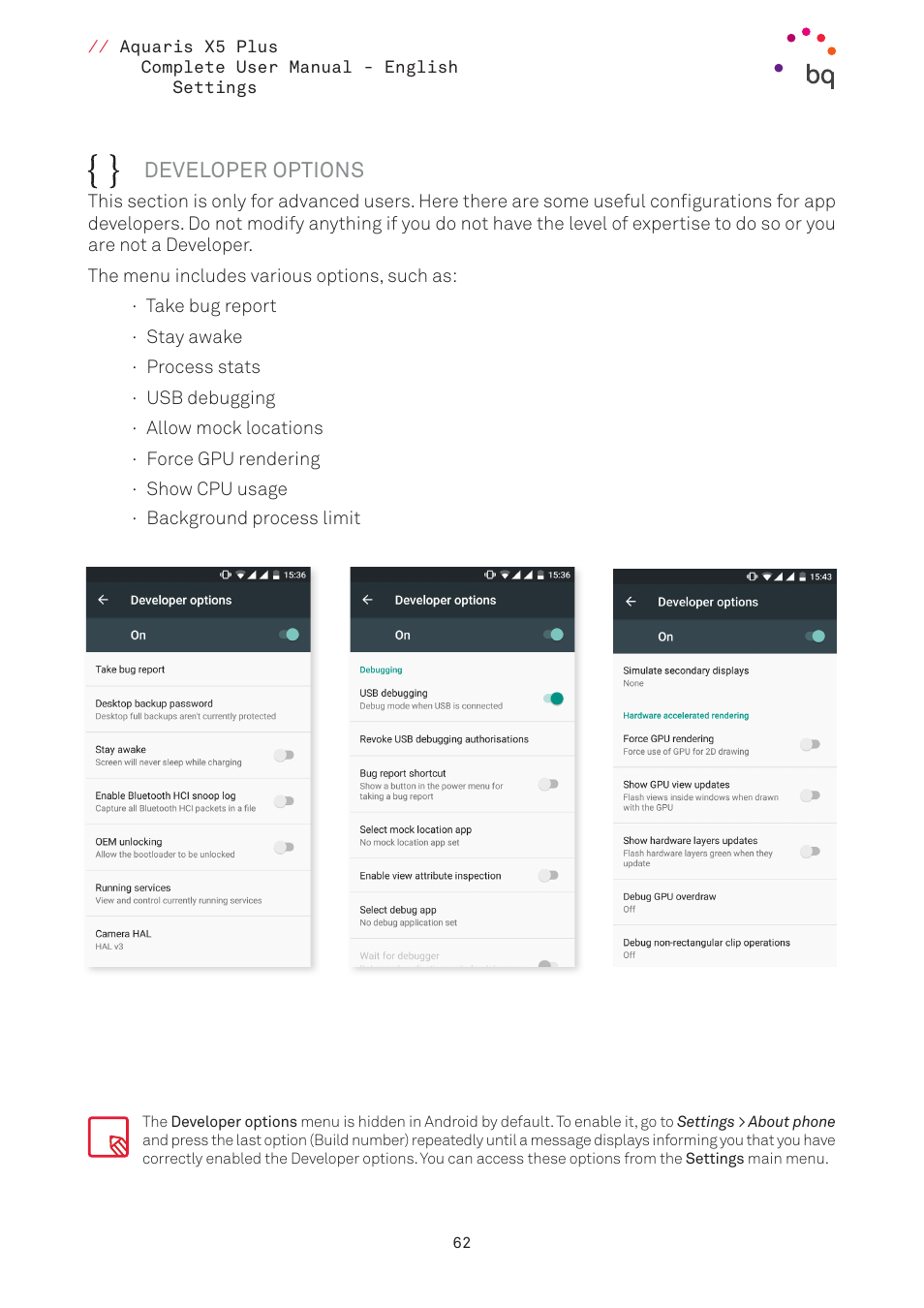 Developer options | BQ Aquaris X5 Plus User Manual | Page 62 / 87