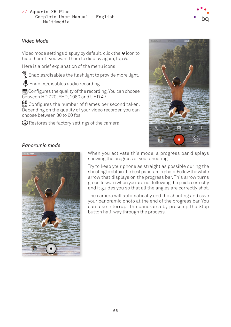 Video mode, Panoramic mode | BQ Aquaris X5 Plus User Manual | Page 66 / 87