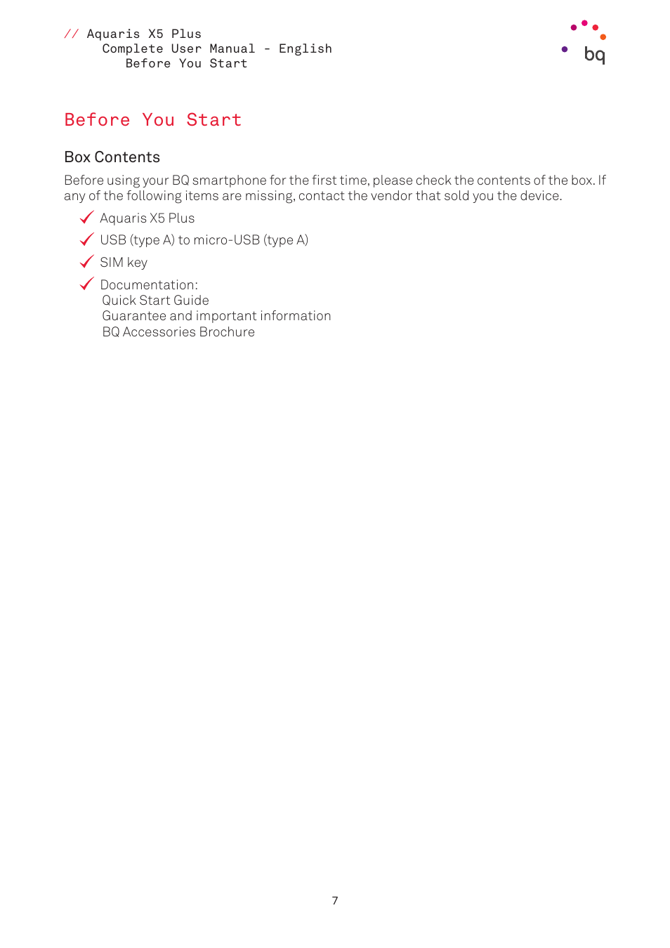 Before you start, Box contents | BQ Aquaris X5 Plus User Manual | Page 7 / 87
