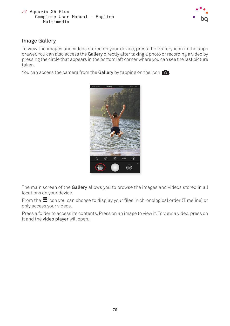 Image gallery, O open the, Gallery | BQ Aquaris X5 Plus User Manual | Page 70 / 87