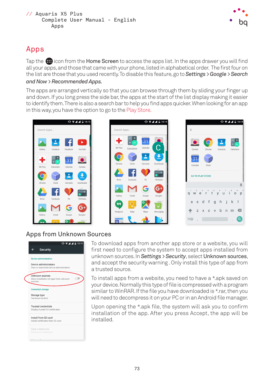 Apps, Apps from unknown sources, 73 apps | BQ Aquaris X5 Plus User Manual | Page 73 / 87