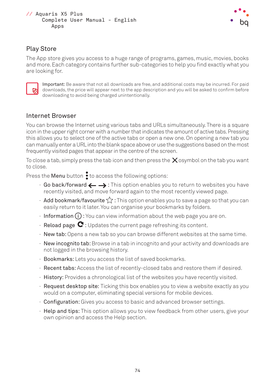 Play store, Internet browser | BQ Aquaris X5 Plus User Manual | Page 74 / 87