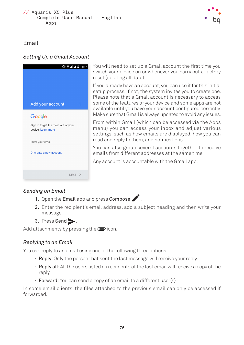 Email, Setting up a gmail account, Sending an email | Replying to an email, 76 email | BQ Aquaris X5 Plus User Manual | Page 76 / 87