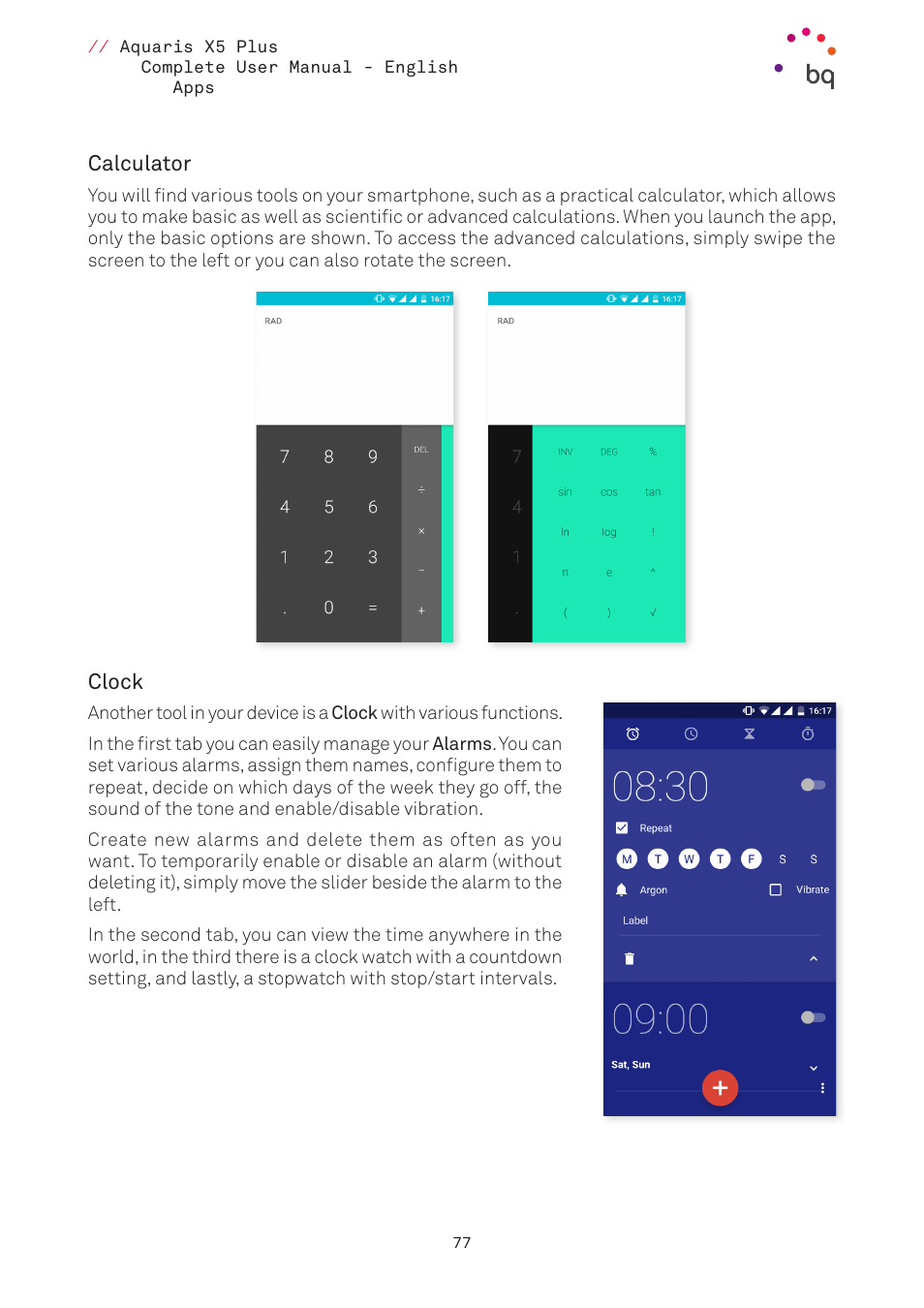 Calculator, Clock, 77 calculator | 77 clock | BQ Aquaris X5 Plus User Manual | Page 77 / 87