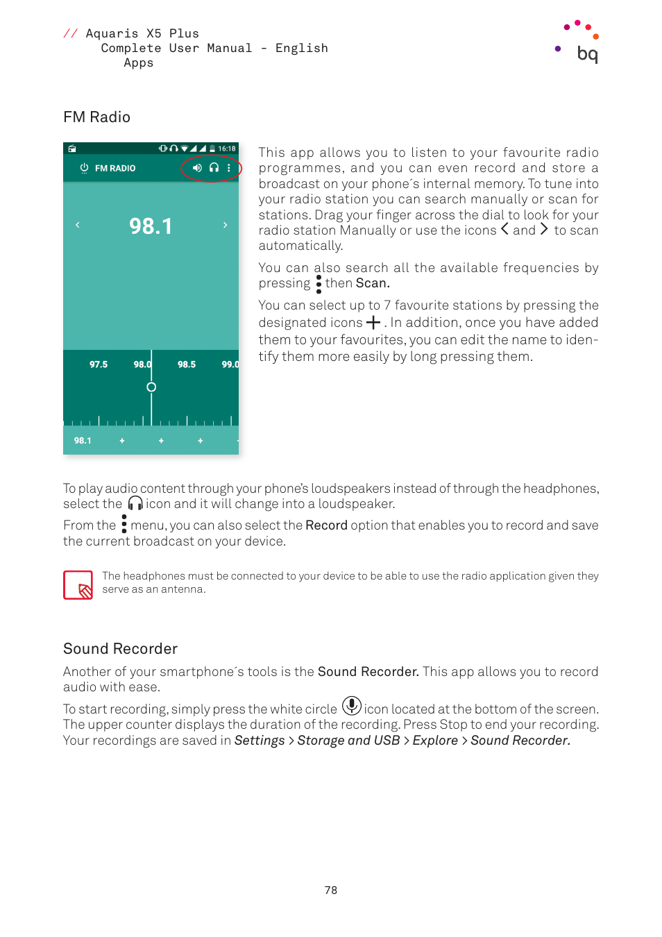 Fm radio, Sound recorder | BQ Aquaris X5 Plus User Manual | Page 78 / 87