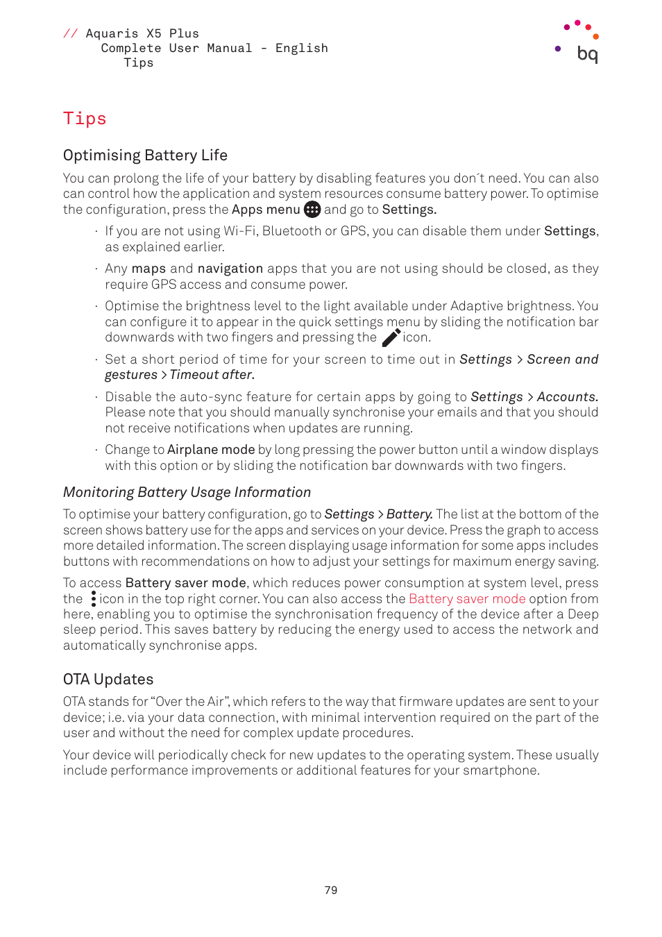 Tips, Optimising battery life, Monitoring battery usage information | Ota updates, 79 tips | BQ Aquaris X5 Plus User Manual | Page 79 / 87