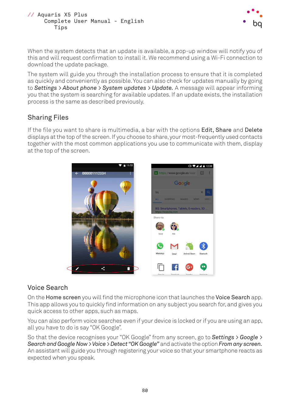 Sharing files, Voice search, Access | BQ Aquaris X5 Plus User Manual | Page 80 / 87