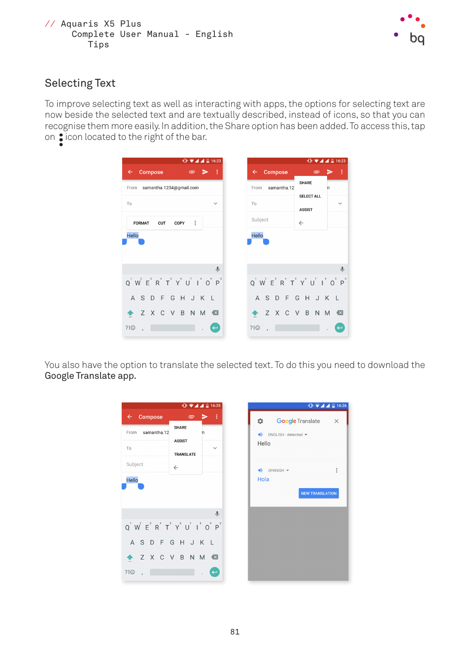 Selecting text | BQ Aquaris X5 Plus User Manual | Page 81 / 87