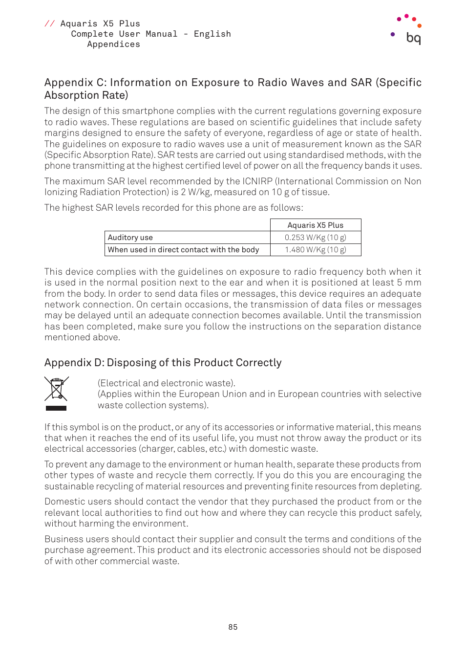 Appendix d: disposing of this product correctly, Absorption rate) | BQ Aquaris X5 Plus User Manual | Page 85 / 87