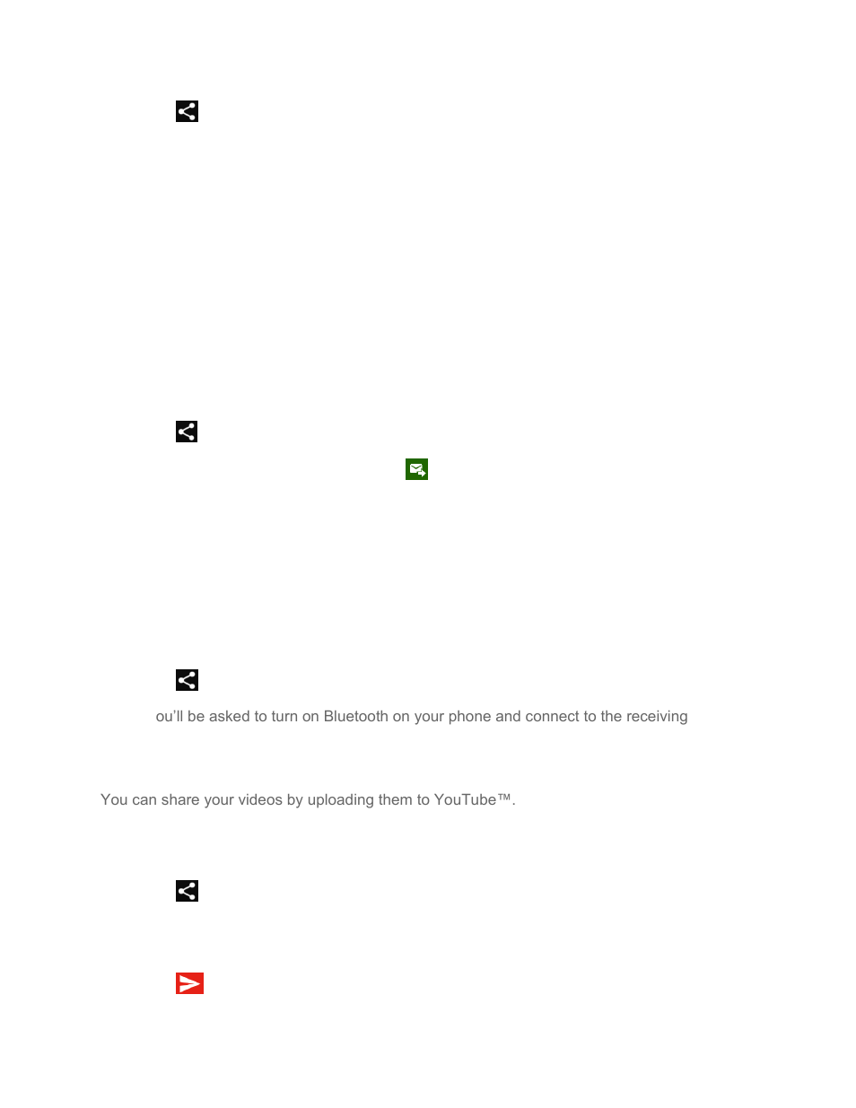 Send pictures or videos by messaging, Send pictures or videos using bluetooth, Share videos on youtube | Kyocera DuraForce Pro User Manual | Page 105 / 179