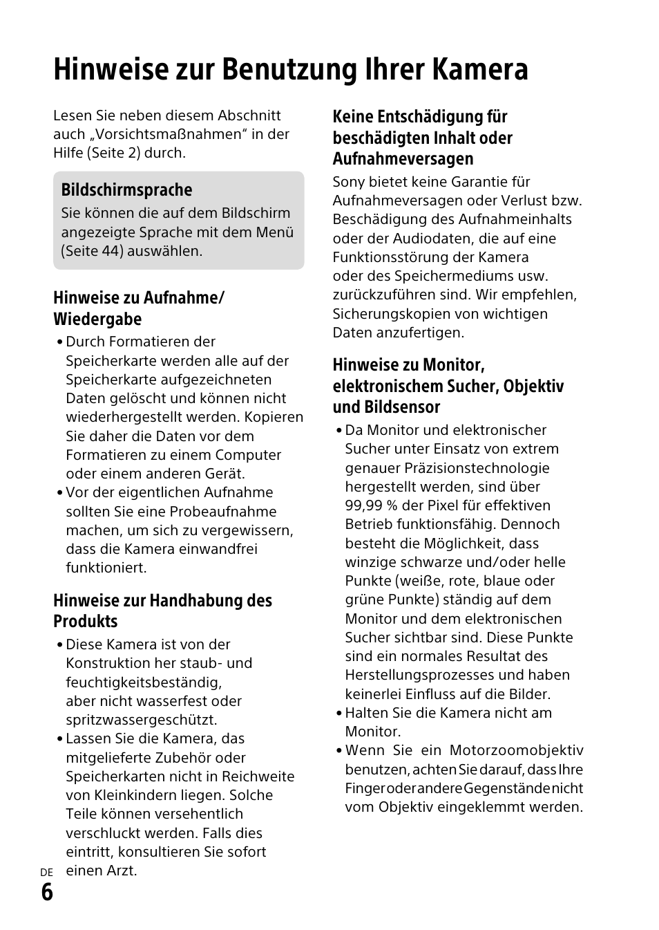 Hinweise zur benutzung ihrer kamera | Sony α6500 ILCE-6500 User Manual | Page 118 / 507