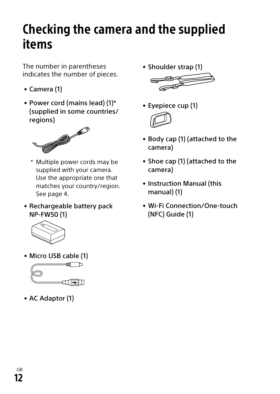 Checking the camera and the supplied items | Sony α6500 ILCE-6500 User Manual | Page 12 / 507