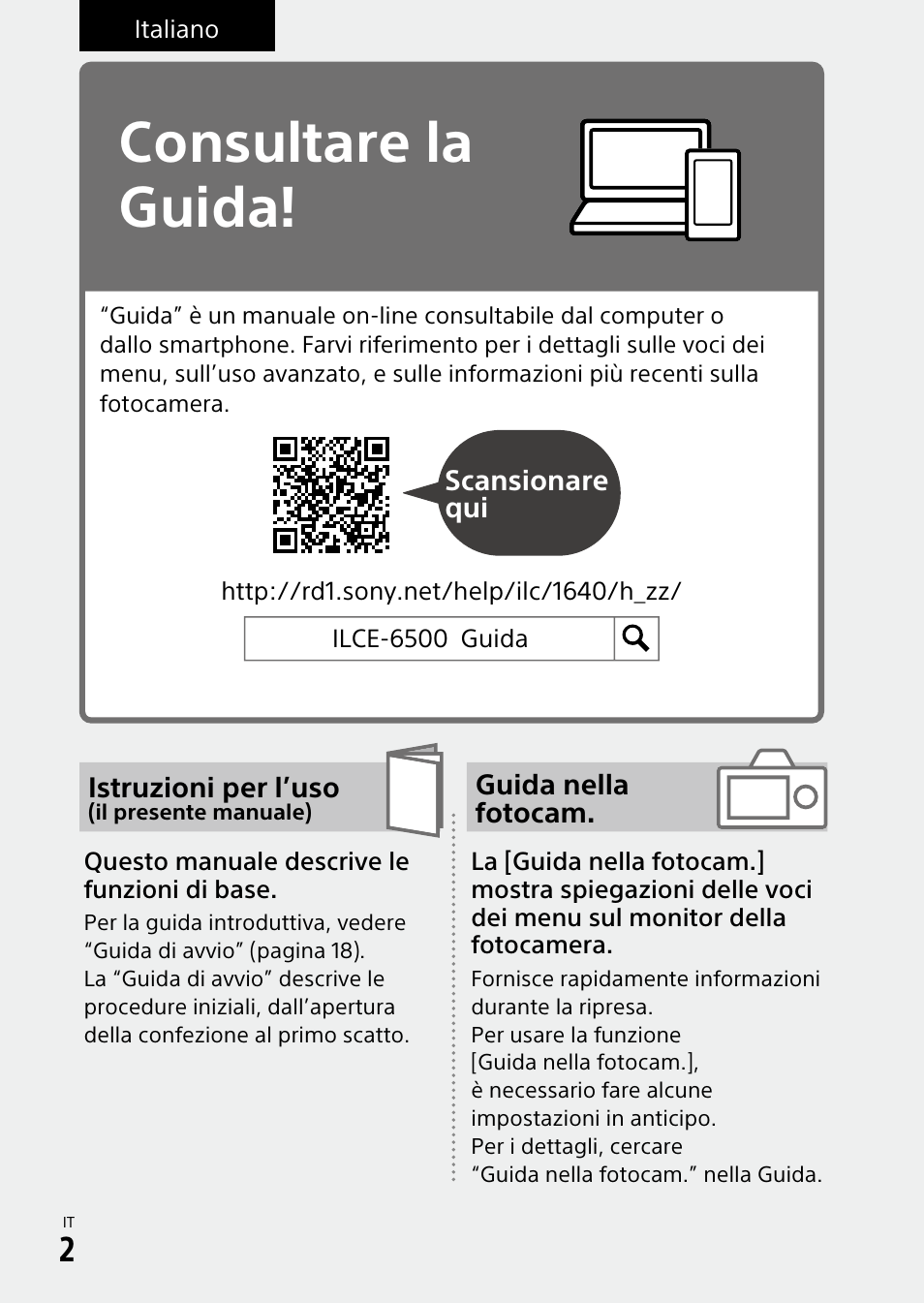 Italiano, Consultare la guida | Sony α6500 ILCE-6500 User Manual | Page 204 / 507