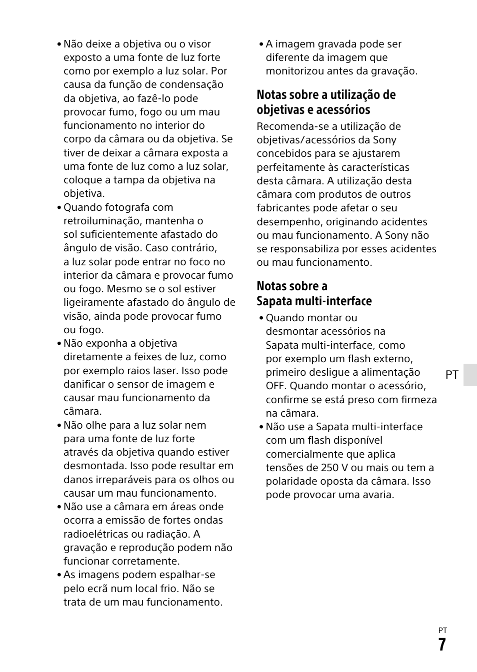 Notas sobre a utilização de objetivas e acessórios, Notas sobre a sapata multi-interface | Sony α6500 ILCE-6500 User Manual | Page 239 / 507