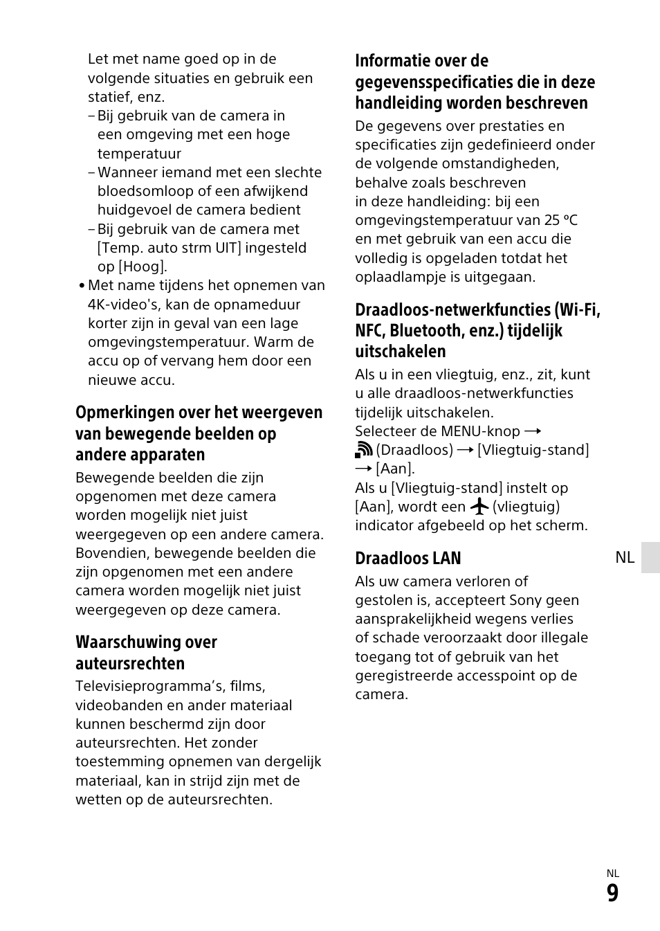 Waarschuwing over auteursrechten, Draadloos lan | Sony α6500 ILCE-6500 User Manual | Page 273 / 507