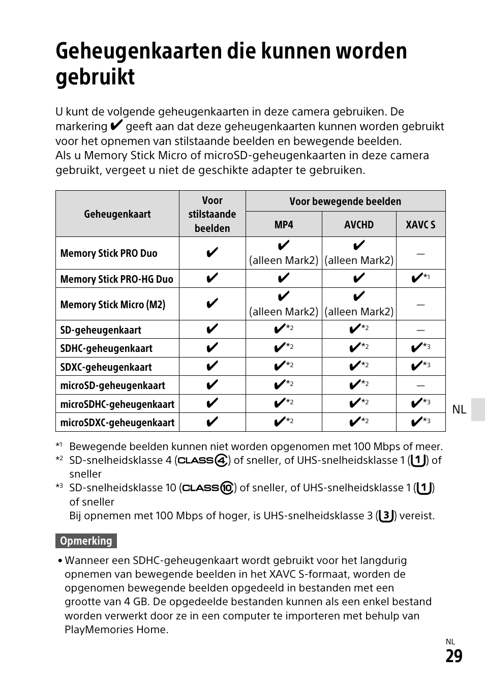 Geheugenkaarten die kunnen worden gebruikt | Sony α6500 ILCE-6500 User Manual | Page 293 / 507