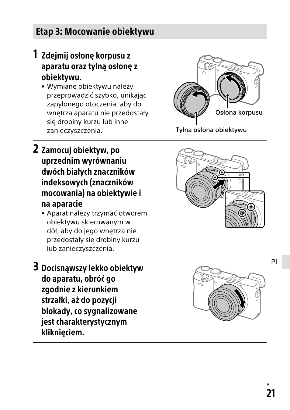 Etap 3: mocowanie obiektywu | Sony α6500 ILCE-6500 User Manual | Page 315 / 507