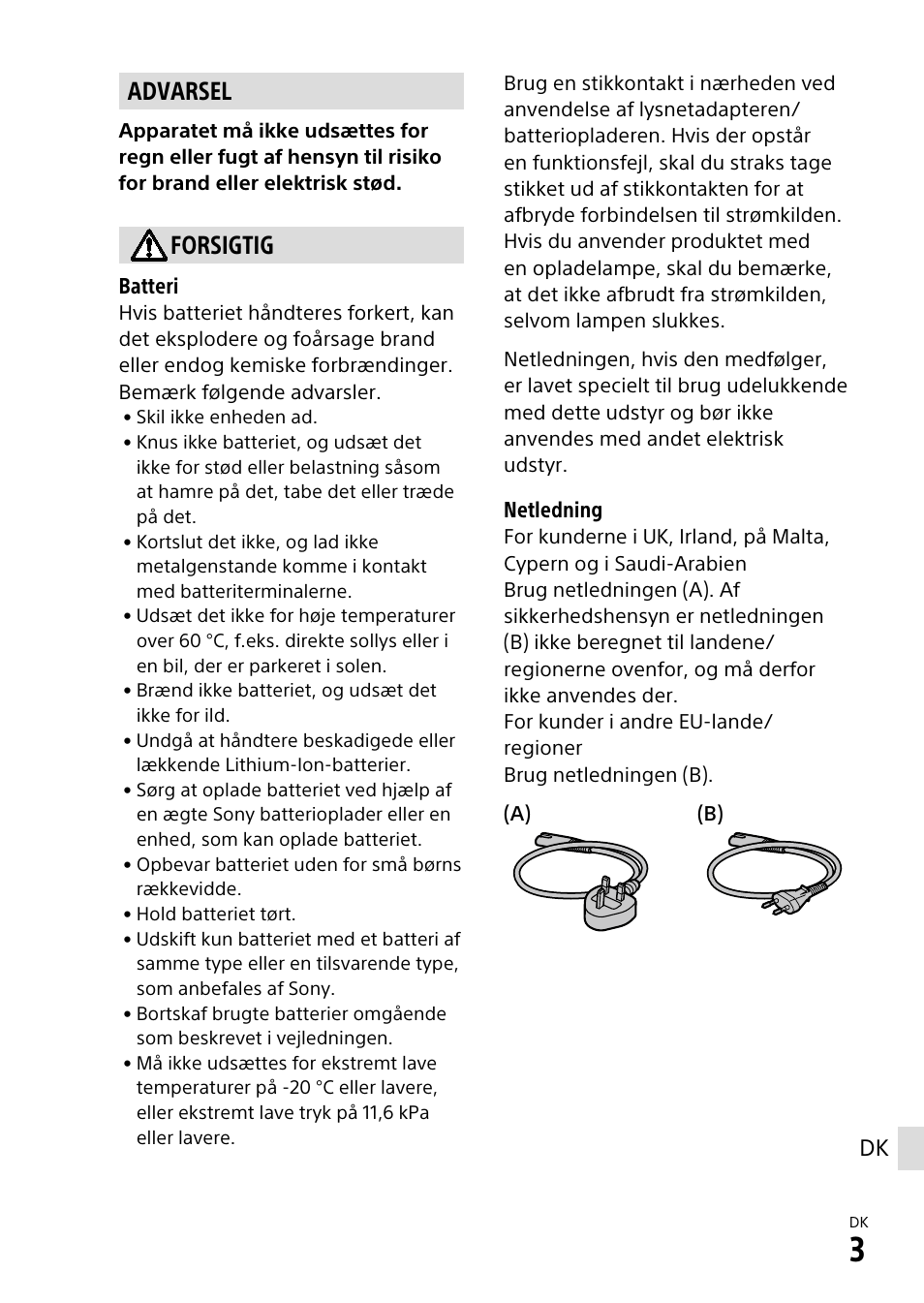 Advarsel, Forsigtig | Sony α6500 ILCE-6500 User Manual | Page 479 / 507