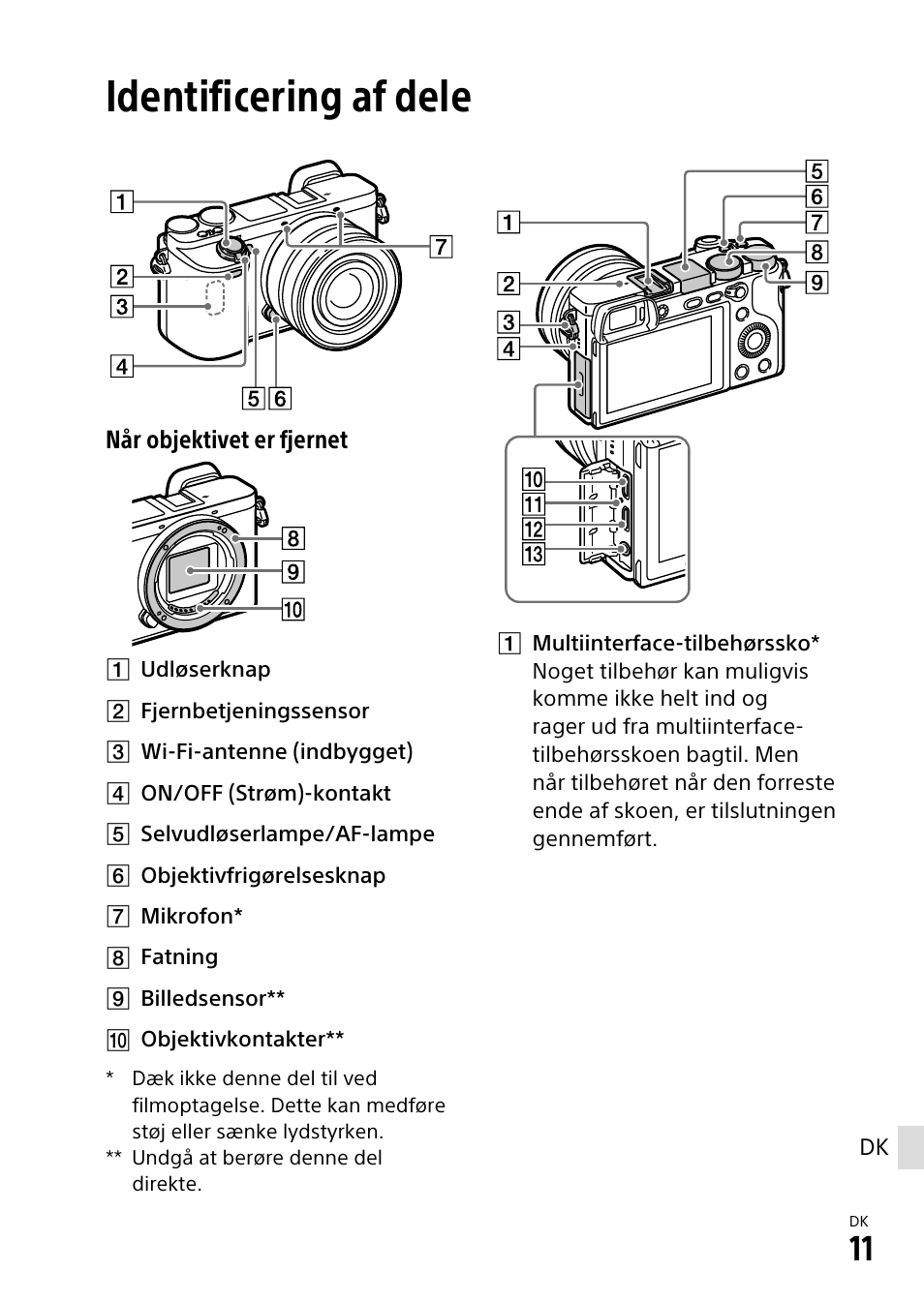 Identificering af dele | Sony α6500 ILCE-6500 User Manual | Page 487 / 507