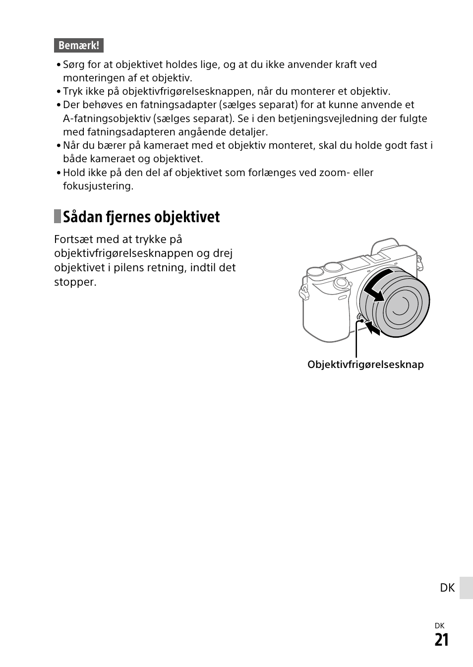 Sådan fjernes objektivet | Sony α6500 ILCE-6500 User Manual | Page 497 / 507