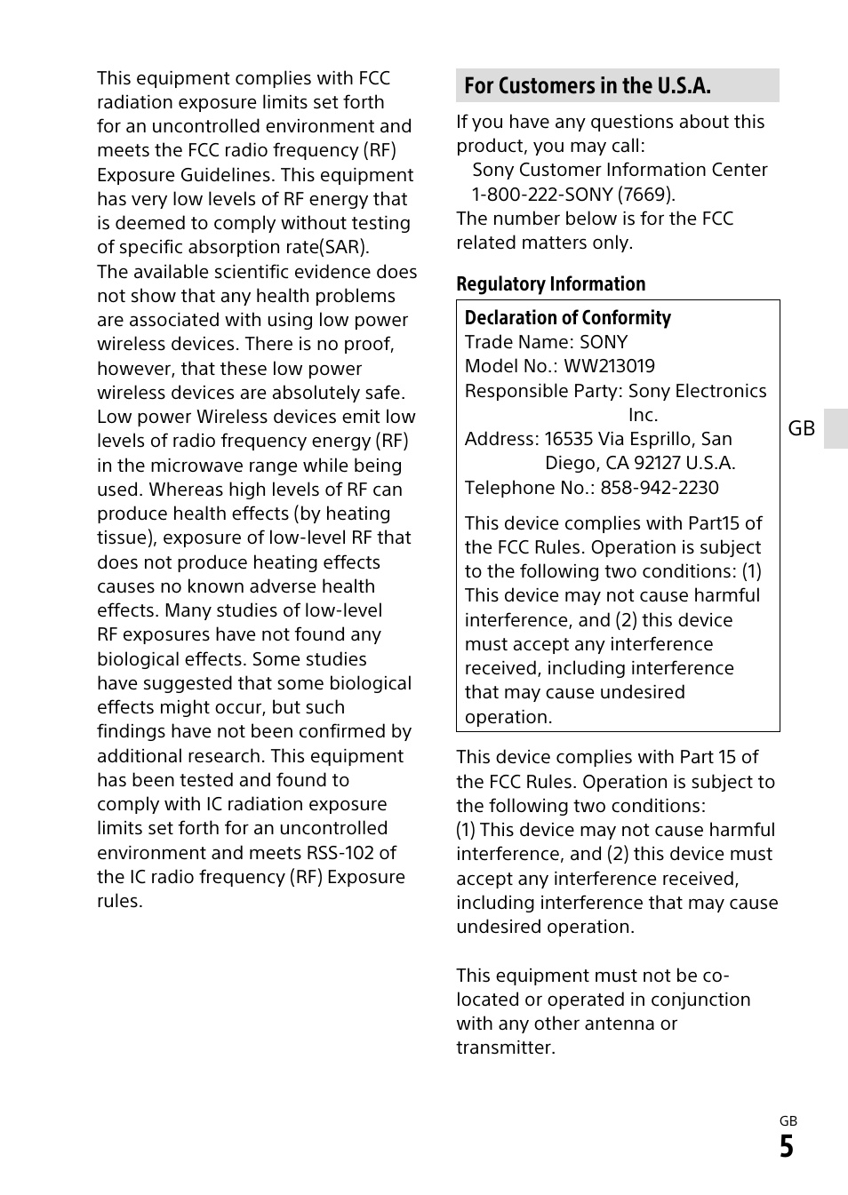 For customers in the u.s.a | Sony α6500 ILCE-6500 User Manual | Page 5 / 507