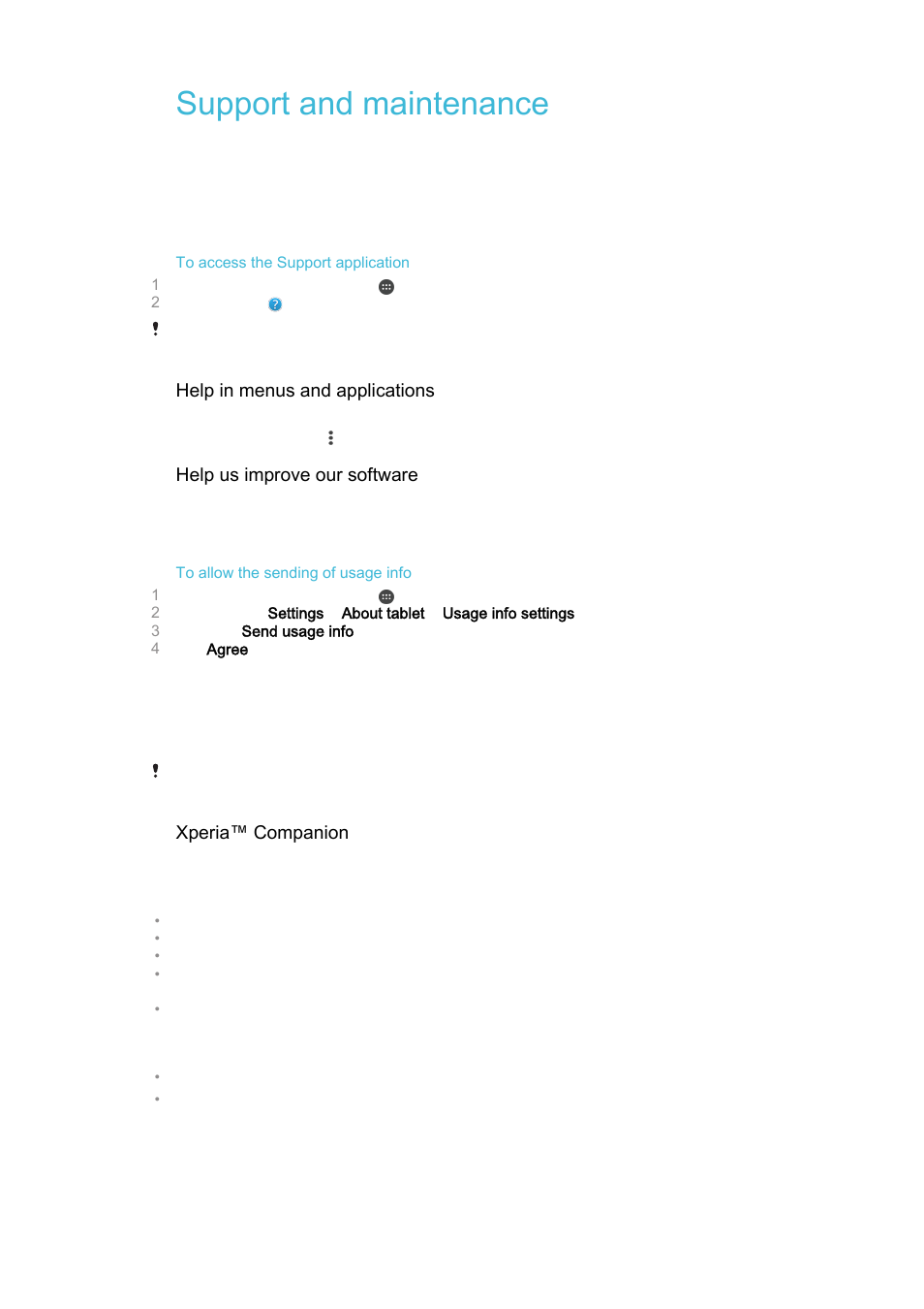 Support and maintenance, Support for your device, Computer tools | Support for your device computer tools | Sony Xperia Z4 Tablet SGP771 User Manual | Page 126 / 135