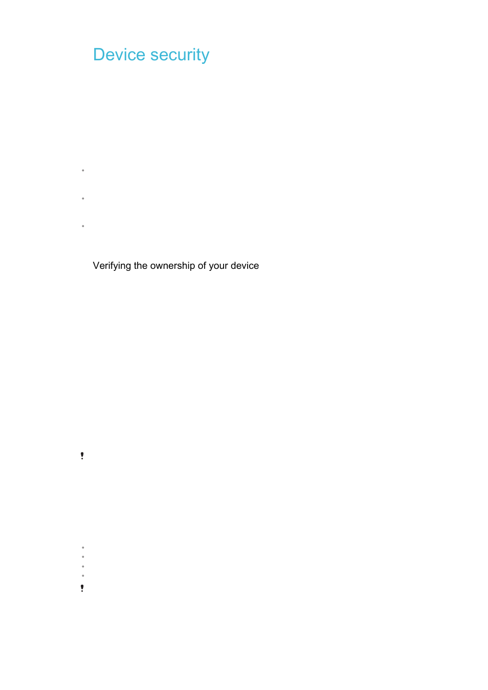 Device security, Making sure your device is protected, Screen lock | Making sure your device is protected screen lock, Verifying the ownership of your device | Sony Xperia Z4 Tablet SGP771 User Manual | Page 13 / 135