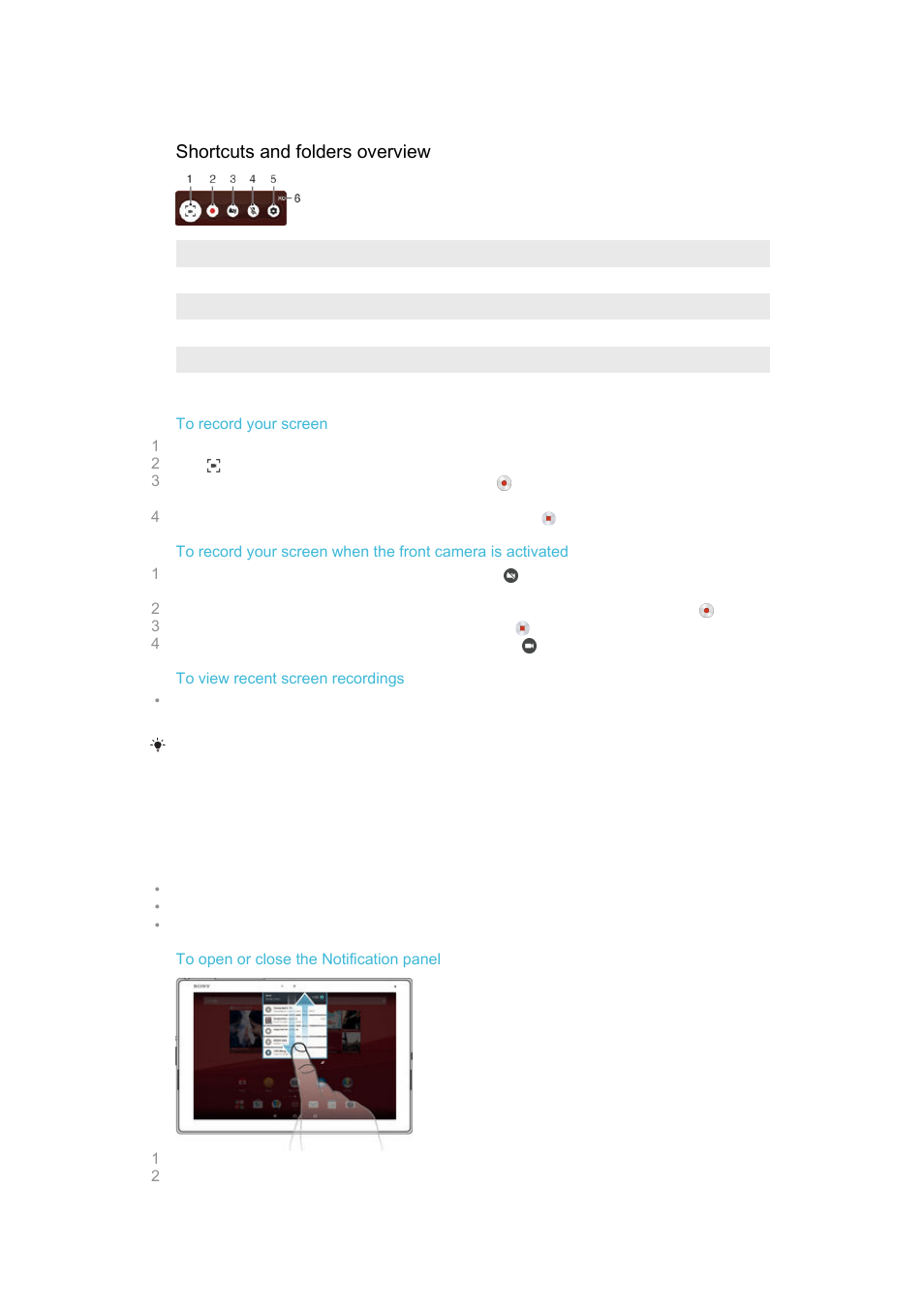 Notifications, Shortcuts and folders overview | Sony Xperia Z4 Tablet SGP771 User Manual | Page 30 / 135
