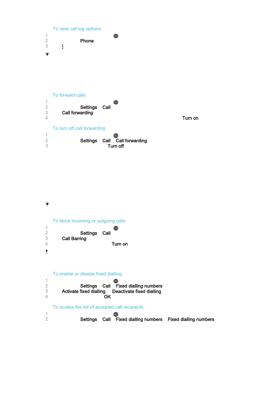 Forwarding calls, Restricting calls, Forwarding calls restricting calls | Sony Xperia Z4 Tablet SGP771 User Manual | Page 65 / 135