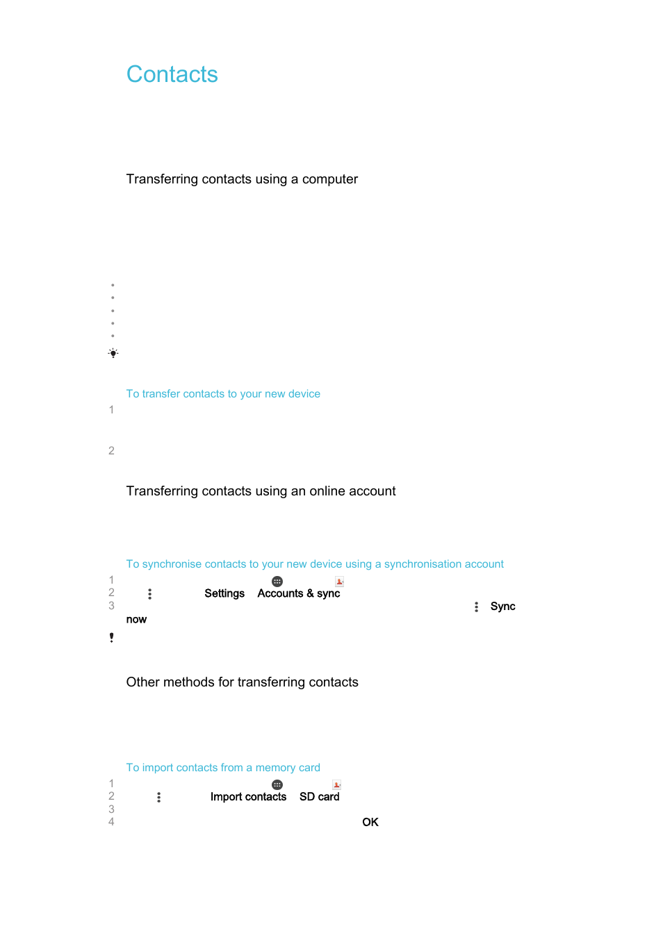 Contacts, Transferring contacts | Sony Xperia Z4 Tablet SGP771 User Manual | Page 69 / 135