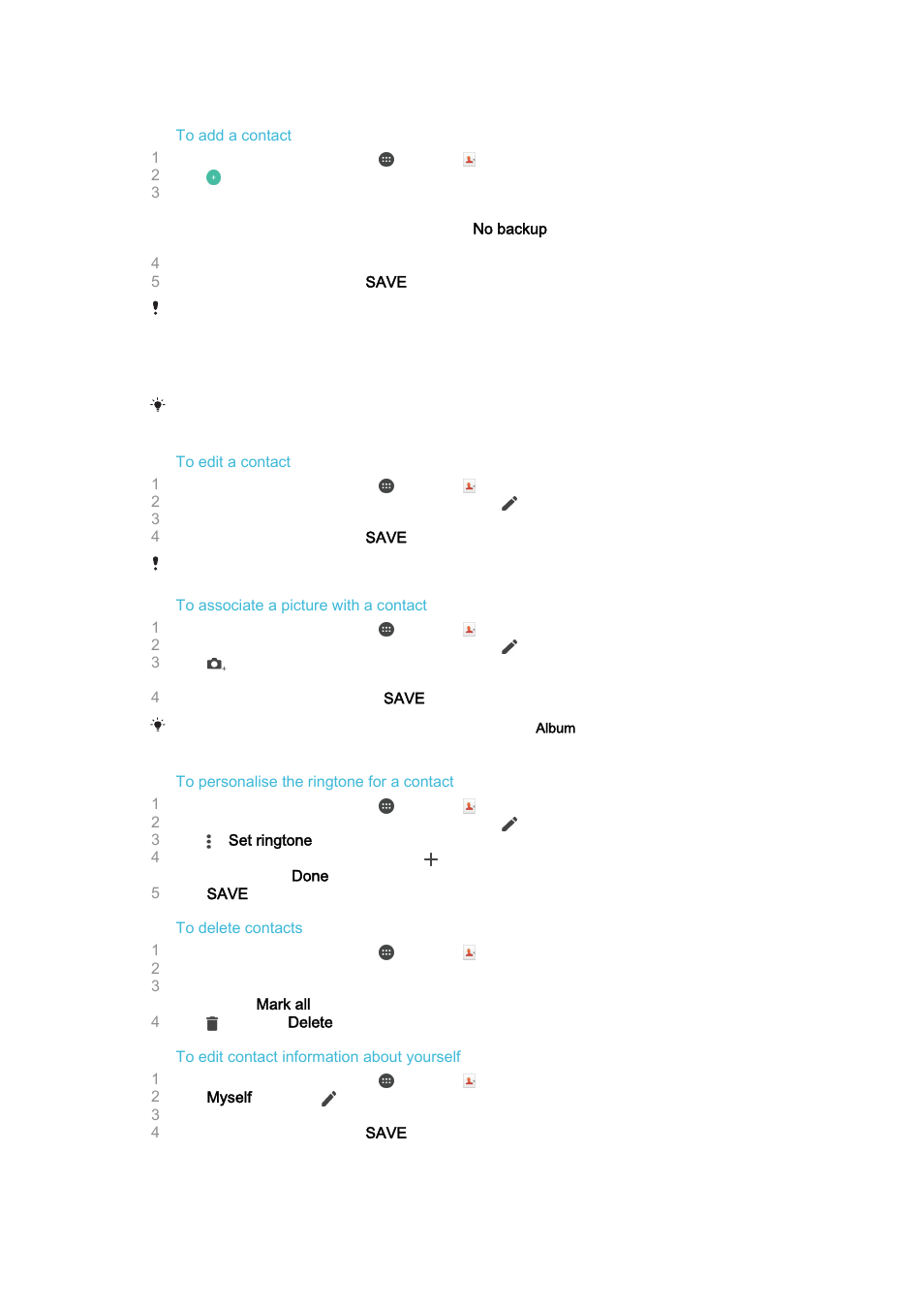 Adding and editing contacts | Sony Xperia Z4 Tablet SGP771 User Manual | Page 71 / 135