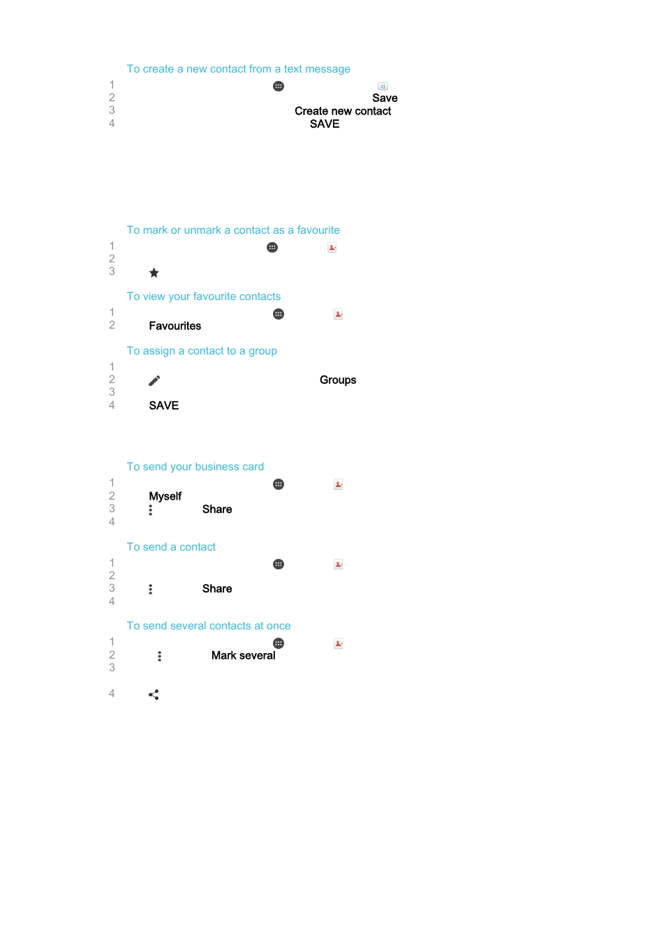 Favourites and groups, Sending contact information | Sony Xperia Z4 Tablet SGP771 User Manual | Page 72 / 135