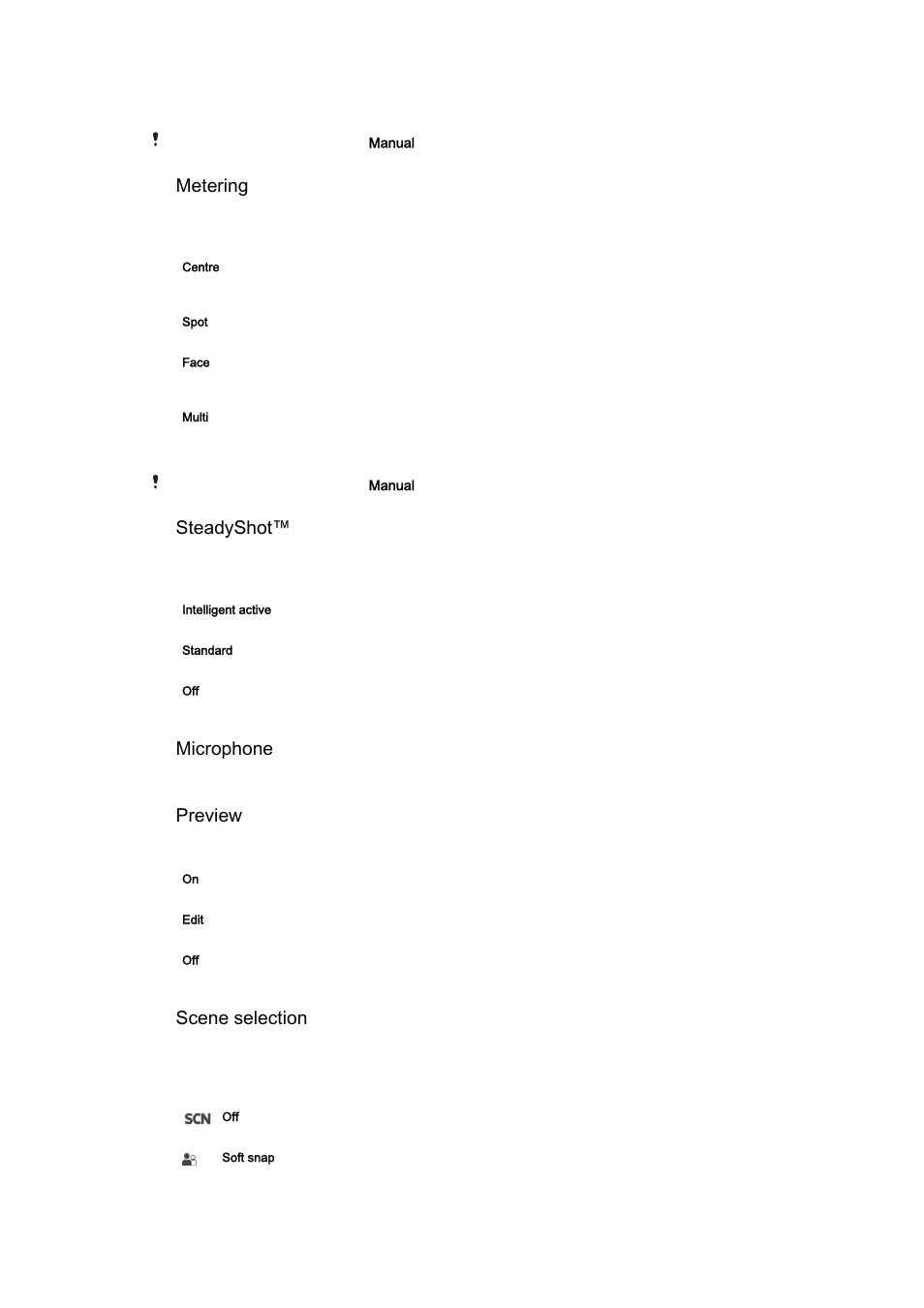 Metering, Steadyshot, Microphone | Preview, Scene selection | Sony Xperia Z4 Tablet SGP771 User Manual | Page 98 / 135